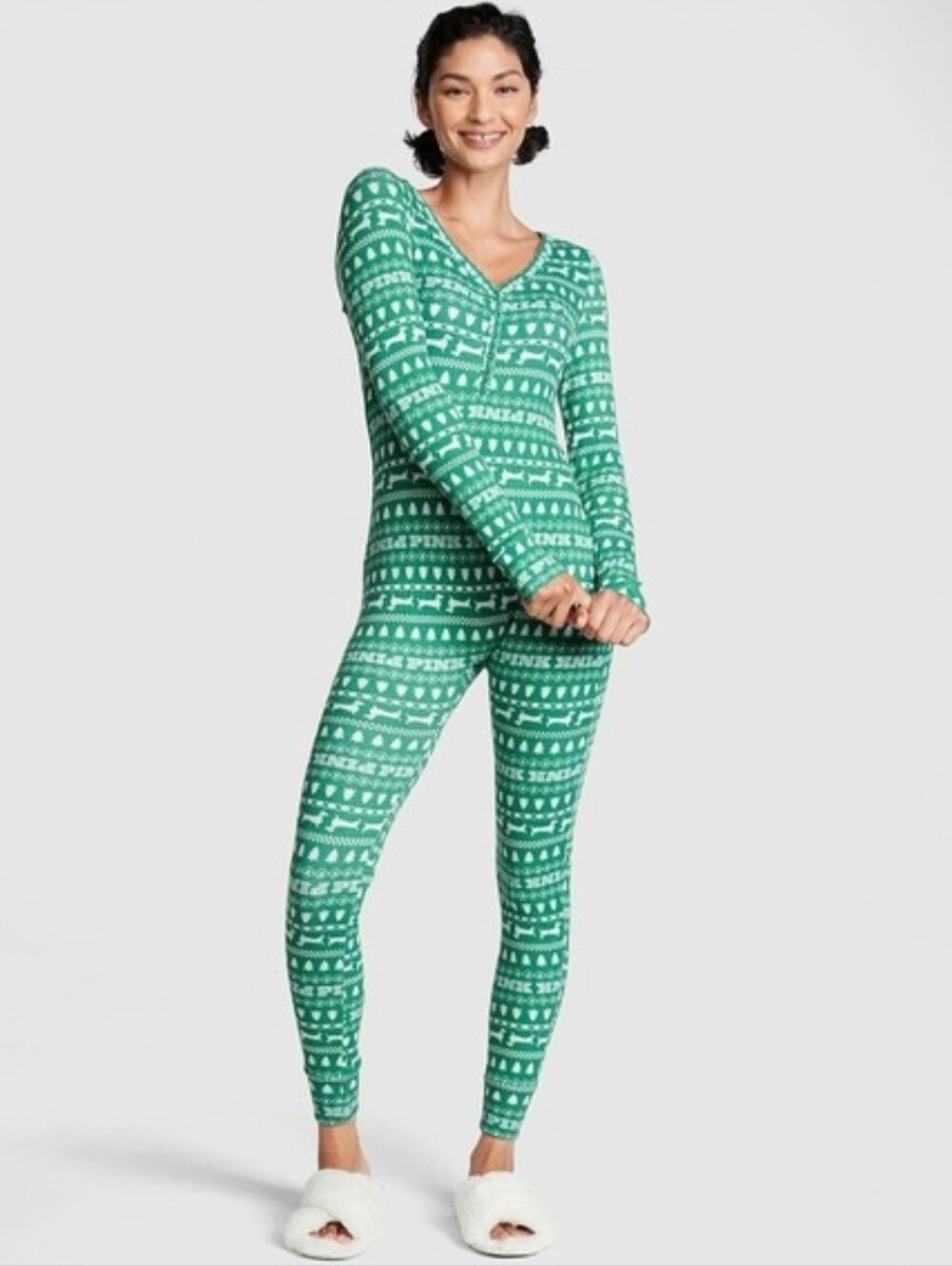 Victoria's Secret PINK Green Fair Isle Dachshund Dog Thermal Onesie Pajamas Sz M